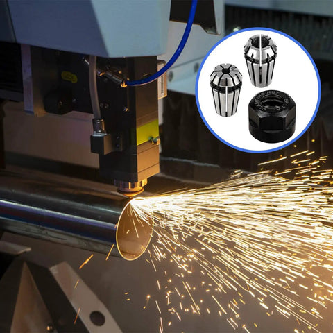 CNC machine using Nine Piece ER11 Spring Collet Nut Set With M14 Thread for high precision milling and tooling, sparks visible.