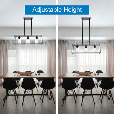 3 Light Linear Kitchen Island Chandelier Dope Matte Black With Rectangular Clear Glass Shades installed over dining table