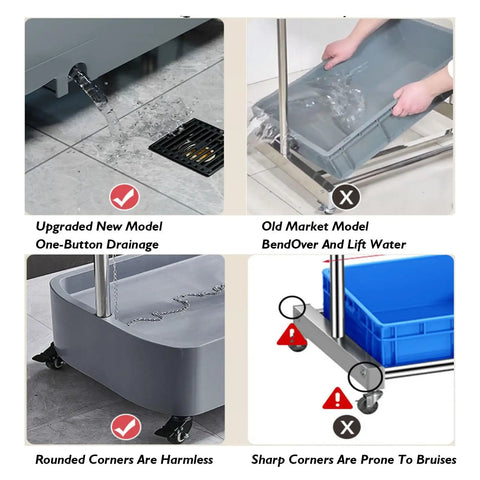 Comparison of broom mop rack drainage models; features one-button drainage, rounded corners, and caution against sharp edges.