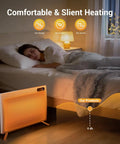 1500W Smart Space Heater in bedroom, providing fast heat with thermostat, remote control, and timer for home workshop or garage.