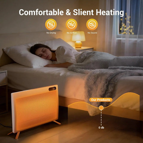 1500W Smart Space Heater in bedroom, providing fast heat with thermostat, remote control, and timer for home workshop or garage.