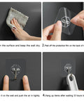 Heavy Duty Sticky Hooks No Drill Hassle, Clear Self Adhesive Wall Tacks For Kitchen Bathroom And Shower installation steps shown.