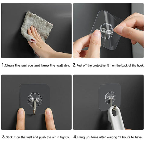 Heavy Duty Sticky Hooks No Drill Hassle, Clear Self Adhesive Wall Tacks For Kitchen Bathroom And Shower installation steps shown.