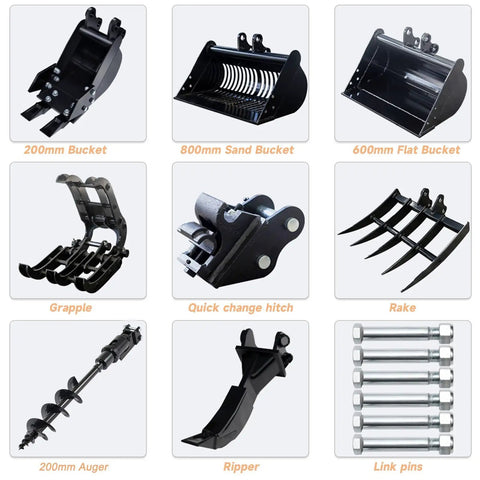 Pro Grade Mini Excavator Attachments Kit With Narrow Bucket Ripper Rake Auger Grapple Quick Hitch Screening Bucket Eight Piece Set For Compact Excavators US Stock Ready To Ship From Local Warehouse