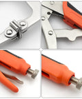 Close-up of Heavy Duty C Clamps With Swivel Pads For Woodworking And Welding, adjustable metal grip and ergonomic handle.