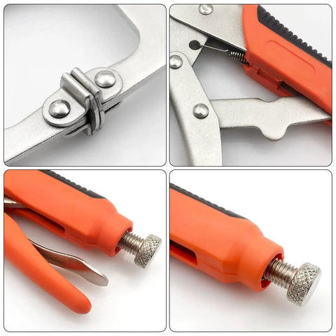 Close-up of Heavy Duty C Clamps With Swivel Pads For Woodworking And Welding, adjustable metal grip and ergonomic handle.