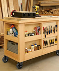 Wooden workshop cart with tools, mounted on Beefy Heavy Duty 4 Inch Swivel Plate Caster Set Of 4 With Brakes, rust resistant cast iron.