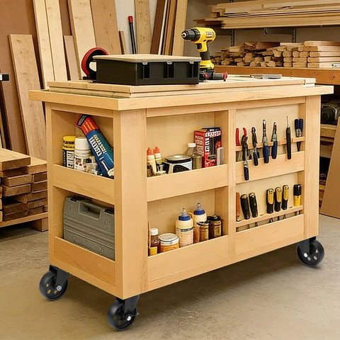 Wooden workshop cart with tools, mounted on Beefy Heavy Duty 4 Inch Swivel Plate Caster Set Of 4 With Brakes, rust resistant cast iron.