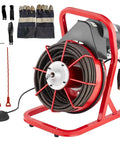 Badass 75 Ft Electric Drain Snake And Sewer Auger With 6 Cutters showcases steel cable, gloves, and air foot switch for effective clog removal.