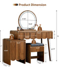 Wave Vanity Desk With Lighted Round Mirror And Modern Walnut Finish, Makeup Table With Drawer And Cabinet Storage, Bench Seat
