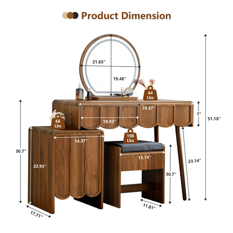 Wave Vanity Desk With Lighted Round Mirror And Modern Walnut Finish, Makeup Table With Drawer And Cabinet Storage, Bench Seat