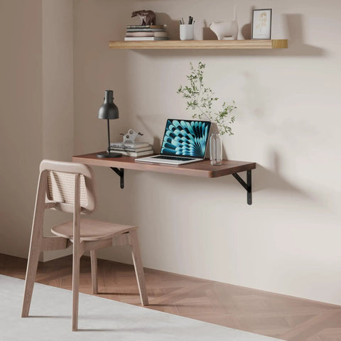 36 Inch Floating Wall Desk for Small Spaces, Space Saving Wall Mounted Table in Solid Pine Wood With Heavy Duty Brackets in home office
