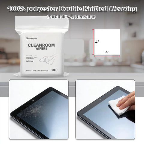 Hella Durable Zero Lint Cleanroom Cloth Wipes Made From Premium Polyester Microfiber Measuring Four By Four Inches At 140 Gsm, perfect for cleaning screens.