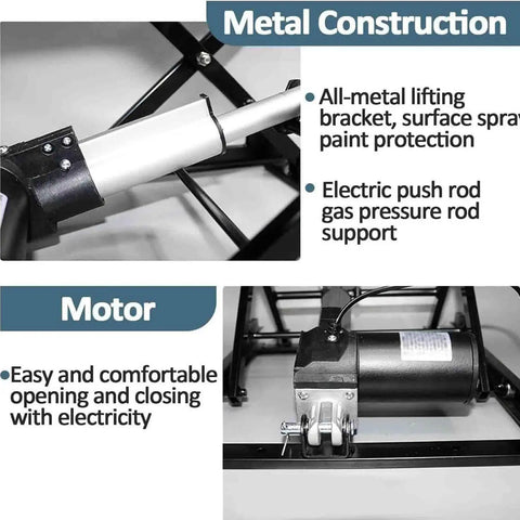 Premium Electric Scissor Lift Table With Remote Control motor and metal construction details, showcasing hydraulic mechanisms and support.