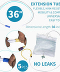 Urinary drainage bag extension tubing, 36-inch white tubing with blue connectors, 5-piece universal-fit set.