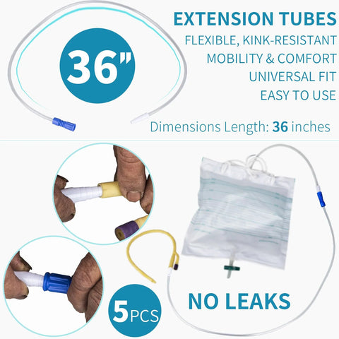 Urinary drainage bag extension tubing, 36-inch white tubing with blue connectors, 5-piece universal-fit set.