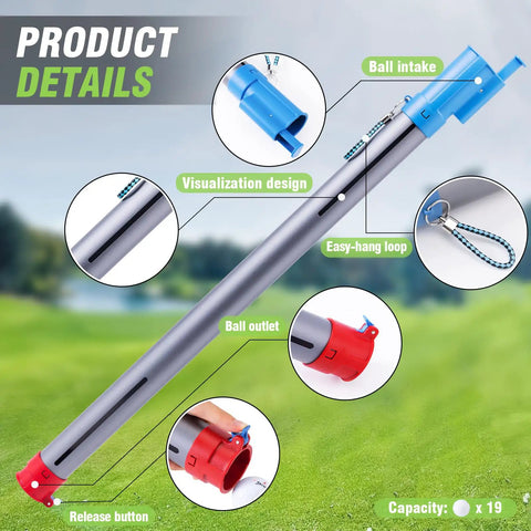 Image of Dual Function Aluminum Golf Ball Retriever And Ball Setting Tube with details on ball intake, outlet, and easy-hang loop.