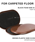 Heavy Duty Furniture Sliders For Carpet And Hardwood Floors Smooth Glide Moving Pads showing black foam top and brown plastic bottom.