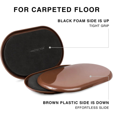 Heavy Duty Furniture Sliders For Carpet And Hardwood Floors Smooth Glide Moving Pads showing black foam top and brown plastic bottom.
