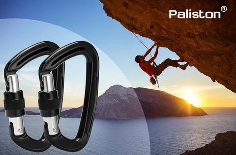 Rock Solid Locking Carabiner With Screw Gate And Keylock Nose Design crafted from 7075 aluminum alloy, image showing climbing usage.