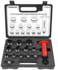 Hollow Punch Kit With Pinpoint Punch Shaft And Gasket Cutter Set, Fourteen Piece, Five To Thirty Five Millimeter Range And Three Sixteenths To One And Three Eighths Inch Size, Pro Grade Spring Loaded Tools For Precise Gasket Cutting in case.