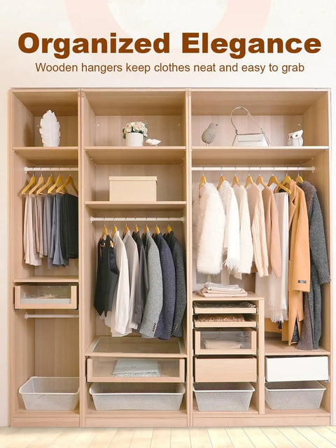 Heavy Duty Wooden Hangers 20 Pack With Non Slip Pant Bar For Closets in organized wardrobe with clothing displayed