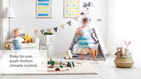 Children playing in a room with a 5 2 Day Programmable Thermostat With Easy Weekday Weekend Scheduling Precise Temperature Control To Within 1 Degree Energy Saving White Home Thermostat For Quiet Efficient Comfort on the wall.