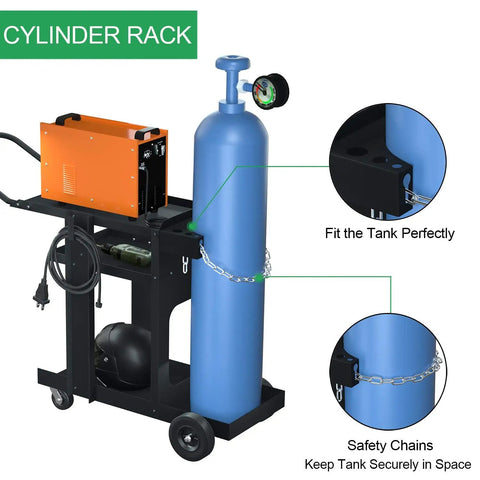 3 Tier Rolling Welding Cart For Mig Tig Arc Plasma Cutter Machines with cylinder rack and safety chains