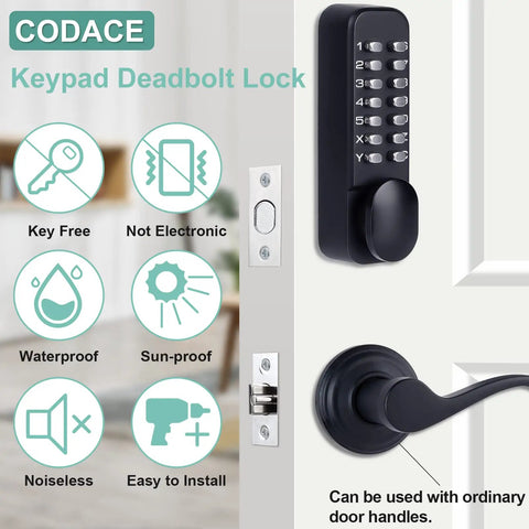 Image of a keyless mechanical combination lock with keypad, black finish, no batteries or wiring needed, for secure access on a door.
