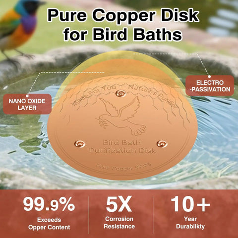 Copper Disc Bird Bath Purifier Plate With Three Point Support For Outdoor Use Keeps Water Clean Naturally Purified By Pure Copper Action 99.99 Percent Pure Copper With Patina Layer To Help Backyard Birds Stay Hydrated
