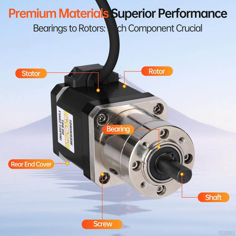 Geared Nema 17 Stepper Motor With Integrated Planetary Gearbox 13.73:1 Ratio showcasing components like rotor and shaft