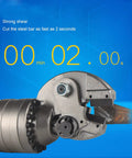 Electric Rebar Cutter Handheld Hydraulic Cut Off Machine in action, cutting steel in 2 seconds with timer display.