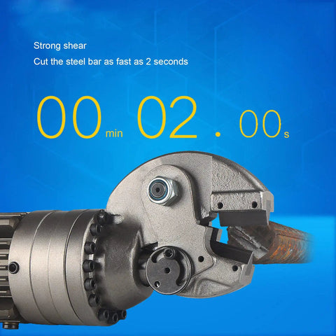 Electric Rebar Cutter Handheld Hydraulic Cut Off Machine in action, cutting steel in 2 seconds with timer display.