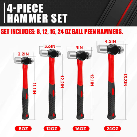 4 Piece Ball Peen Hammer Set For Metalworking, Includes 8 12 16 And 24 Oz Hammers With Forged Carbon Steel Heads, Fiberglass Handles And Shock Reduction Grips, Rust Resistant Beefy Workhorse Hammers Built For Tough DIY Or Shop Use displayed in sizes