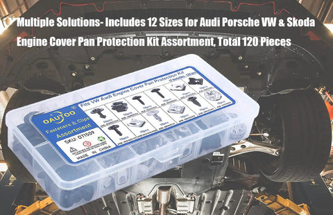 120 Piece Engine Cover Fastener Clip Kit For Audi Porsche VW Skoda, all-in-one assortment box with 12 sizes showcased under car
