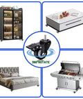 Heavy Duty Two Inch Polyurethane Stem Casters With Smooth Riding Dual Ball Bearings No Fuss Swivel Design Locking Brake Mechanism Top Shelf Black Gliders Pack Of Four mounted on a refrigerator, coffee table, bed, and grill.