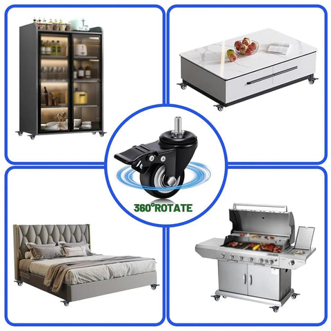 Heavy Duty Two Inch Polyurethane Stem Casters With Smooth Riding Dual Ball Bearings No Fuss Swivel Design Locking Brake Mechanism Top Shelf Black Gliders Pack Of Four mounted on a refrigerator, coffee table, bed, and grill.