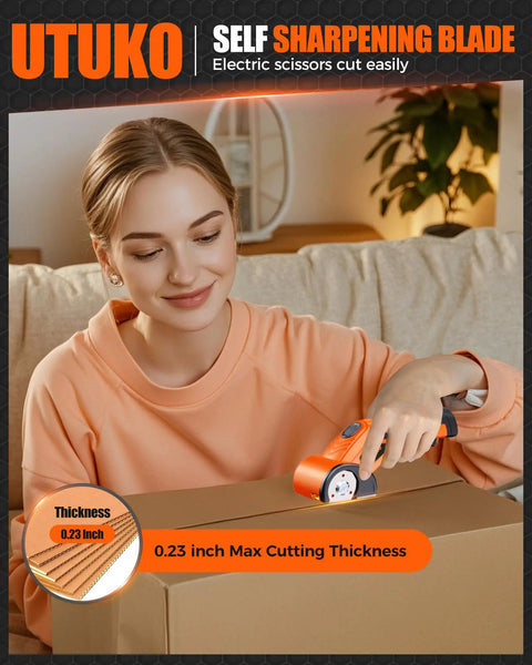 800 RPM Brushless Cordless Cardboard Cutter For Fast, Smooth Box Cutting, Beast Mode Pro Grade Tool With 3500mAh Battery, Powers Through Cardboard, Cartons, Plastic, Leather, Carpet, And More, orange blade cutting box