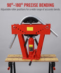 Heavy Duty 16 Ton Manual Hydraulic Pipe Bender with eight dies on adjustable rollers for 90 to 180 degree bends