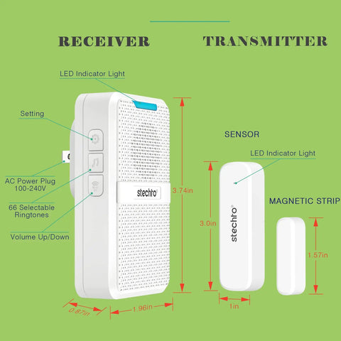 Diagram of Wireless Doorbell With 600 Ft Range And 5 Adjustable Volume Levels Magnetic Door Sensor 62 Dope Chimes With Mute Mode Plug In Receiver For Home Office Store Easy Setup White showing dimensions and features.