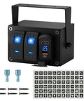 Built Tough 2 Gang Rocker Switch Panel With Waterproof LED Indicators And Dual PD Type C QC 3.0 USB Charging Ports, showing USB fast charger and blue LED lights.