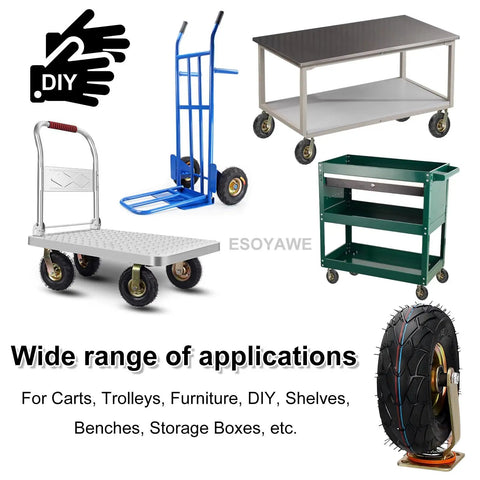 Heavy Duty Swivel Caster Wheels Set Of Four With Ten Inch Silent Pneumatic Rubber Tires And Steel Brake Plates for carts and trolleys.