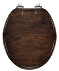 Generic Toilet Seat Replacement Round Slow Quiet Close Resin Wood Bathroom in dark wood finish with adjustable hinges on top.