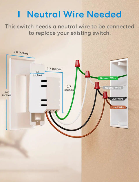 Smart Dimmer Switch With Remote, Neutral Wire Required, 2.4GHz Wi Fi installation guide showing wiring connections.