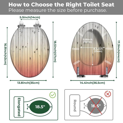 Elongated Quiet Close Toilet Seat for Bathroom measurement guide, showing sizes for proper fit and design details.