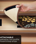 Hand demonstrating the attachable feature of the Attachable Indoor Carpet Stair Treads Set Of 15 Floral Bloom Brown 9 Inches By 36 Inches Non Slip And Easy Install For Stairs Keeps Dirt Off And Adds Cozy Style To Your Home.