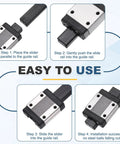 Step-by-step guide showing installation of Two Pack MGN7H Linear Bearing Carriage Blocks with Mini Guide and Wrench for 7mm rails