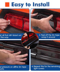 Installation steps for smoked tail light covers on Dodge Challenger 2015-2024, showcasing easy tape-in method and fitment guide.