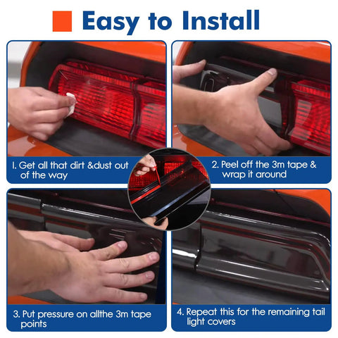 Installation steps for smoked tail light covers on Dodge Challenger 2015-2024, showcasing easy tape-in method and fitment guide.