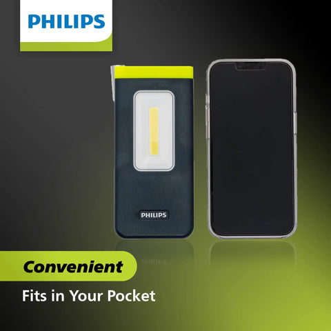 Xperion 6000 Pocket LED Work Light With Gooseneck Spotlight next to smartphone for size comparison